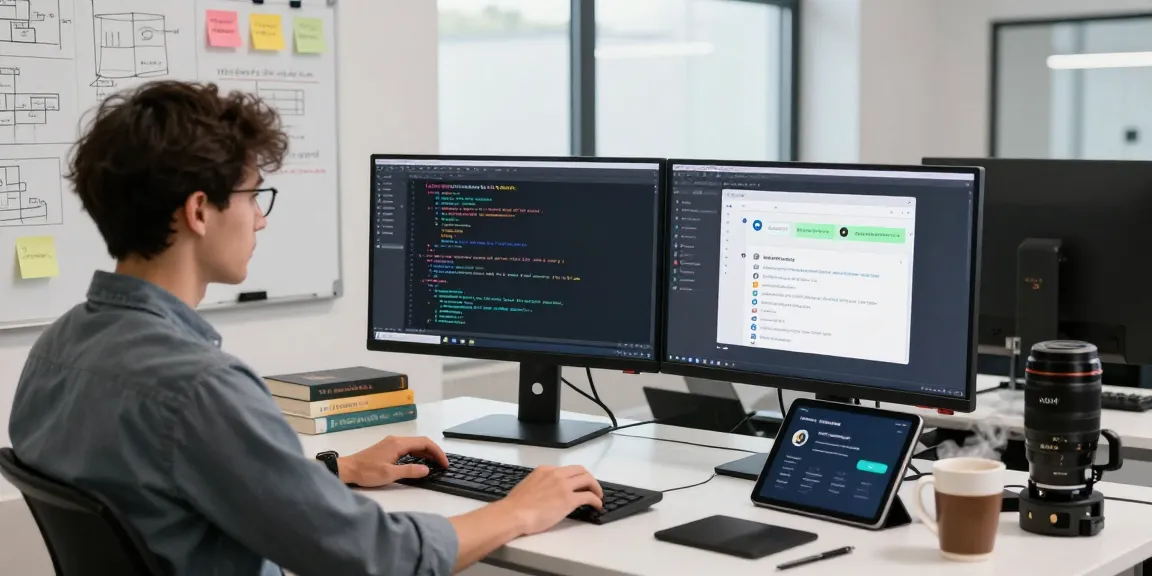 Developer utilizing OpenClaw AI in a modern tech workspace, showcasing dual monitors and innovative tools.