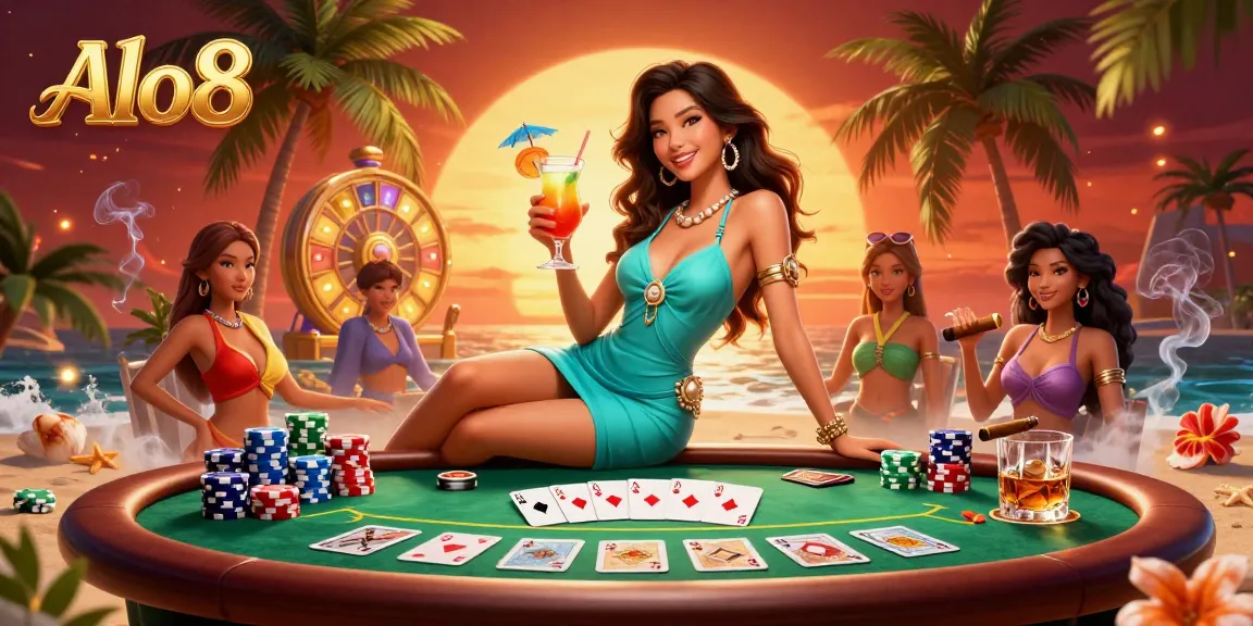 Alo8 casino experience with a glamorous woman enjoying poker in a beach setting, showcasing vibrant gaming elements.