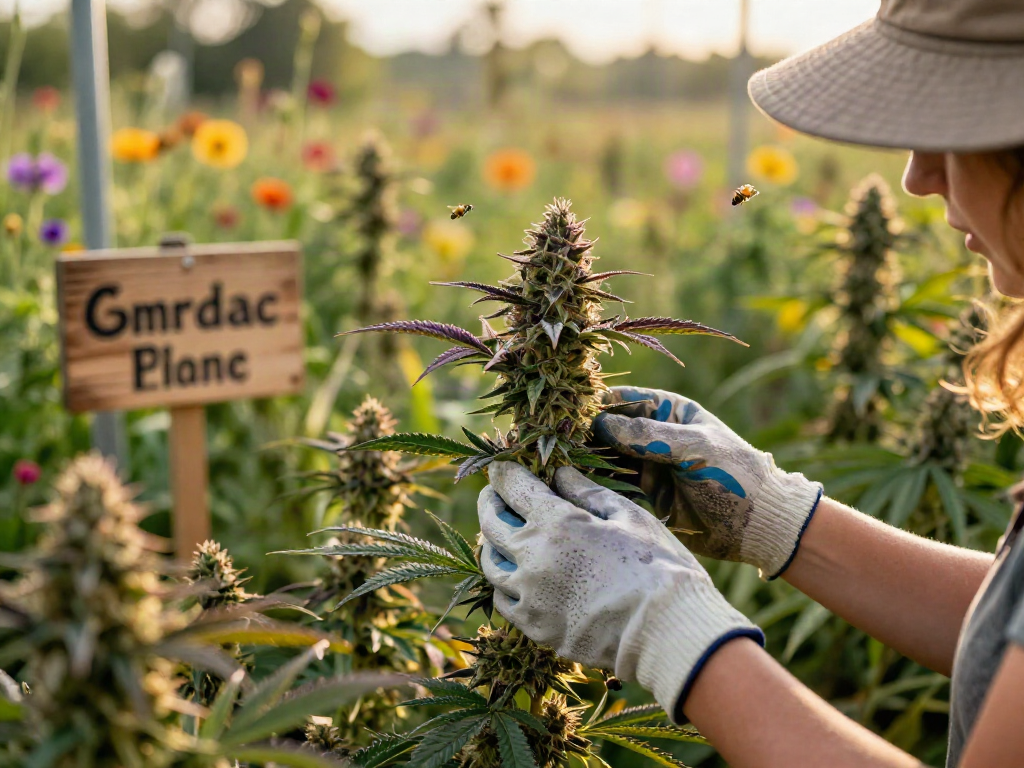 Die wichtigsten Eigenschaften der Purple Queen CBD Blüten in einer malerischen Cannabisfarm-Szene.