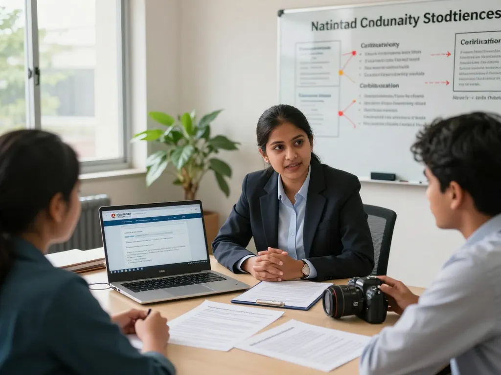 National University (Bangladesh) Certificate consultation scene with advisor and student discussing services and documents.