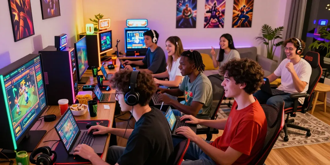 Players enjoying online slot gacor games in a vibrant living room setting, showcasing excitement and camaraderie.