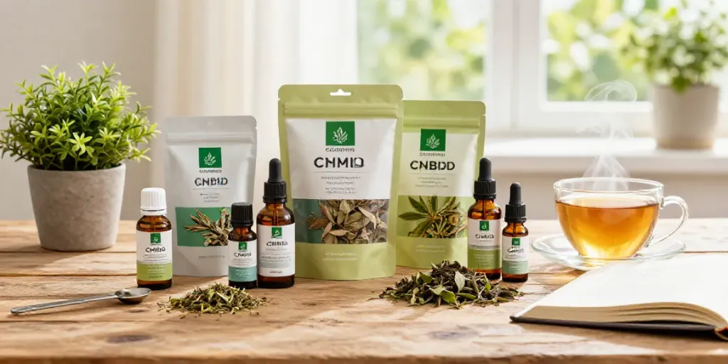 CBD kaufen: Vielfältige Auswahl an CBD-Produkten auf einem Holztisch