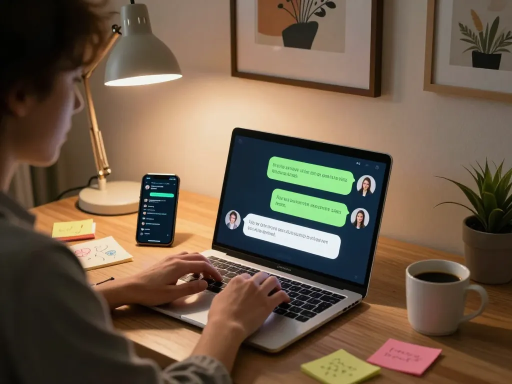 Engaging NSFW AI chat on a modern laptop in cozy home setting with creative workspace.