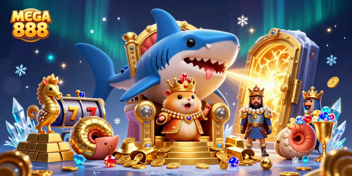Spin to win on mega 888 with an enchanting scene of a hamster king among riches and slot reels.