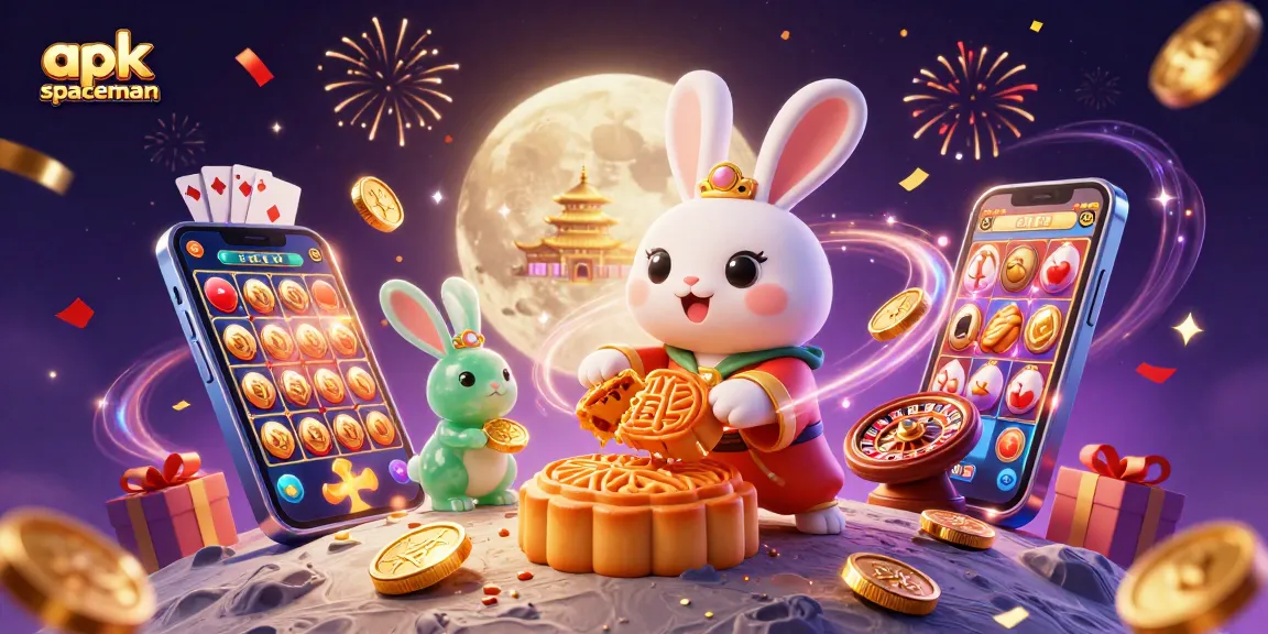 Spin to win with apk spaceman featuring moon rabbit and poker chips in a vibrant casino atmosphere.