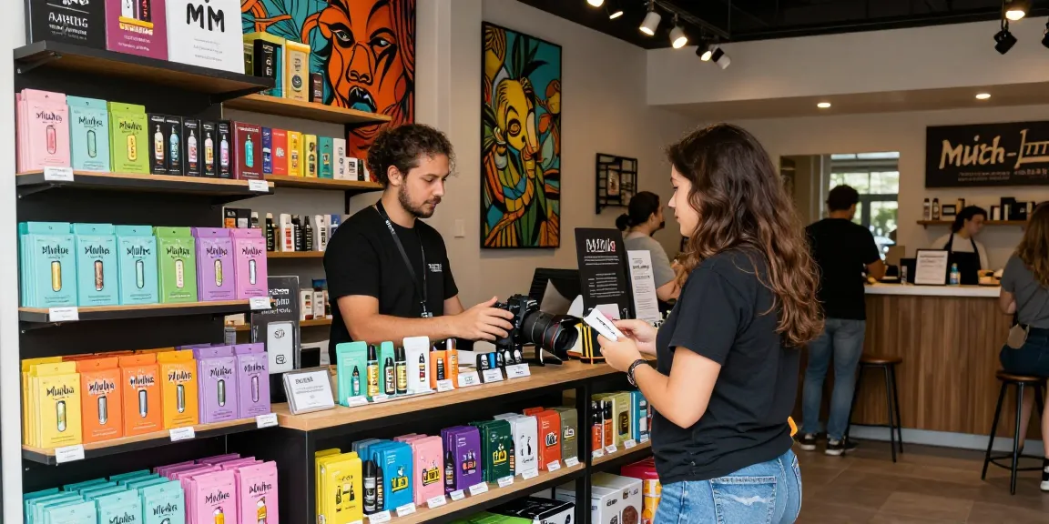 Engaging scene in a vape shop displaying Muha Meds products with customers browsing