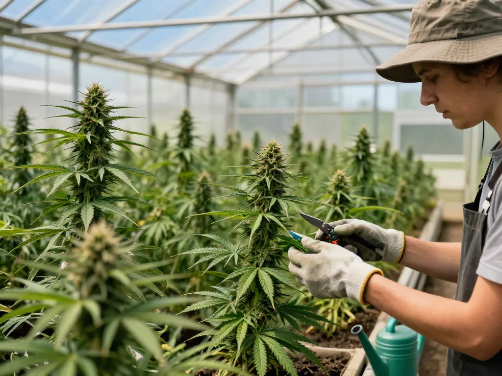 Regular cannabis seeds thriving in a greenhouse setup, showcasing vibrant plants and a dedicated grower.