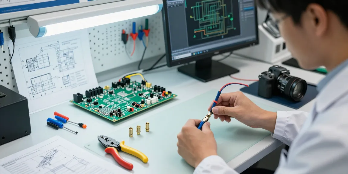 Engineer assembling wire crimp connectors on a tidy workbench in an electronics lab.