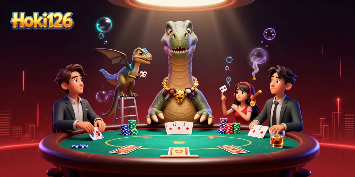 Experience the thrill of Hoki126 as the giant brontosaurus oversees an intense poker game!