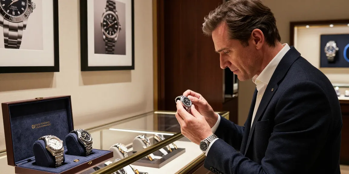 Inspecting a high-quality replica watch in a luxury boutique setting.