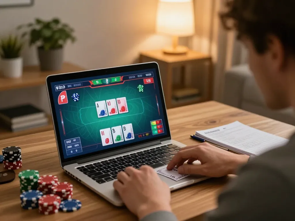 Engage in online poker strategy with rr88 in a cozy home setting, showcasing warm gambling atmosphere