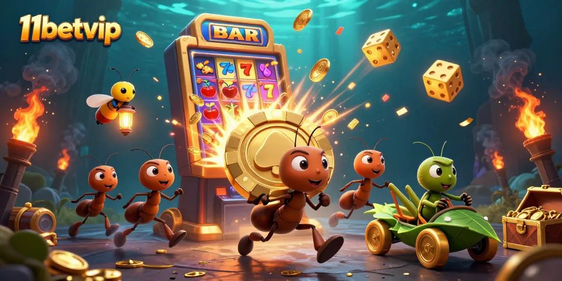 Engaging scene with ants in heist carrying a golden poker chip for 11betvip, showcasing casino elements.