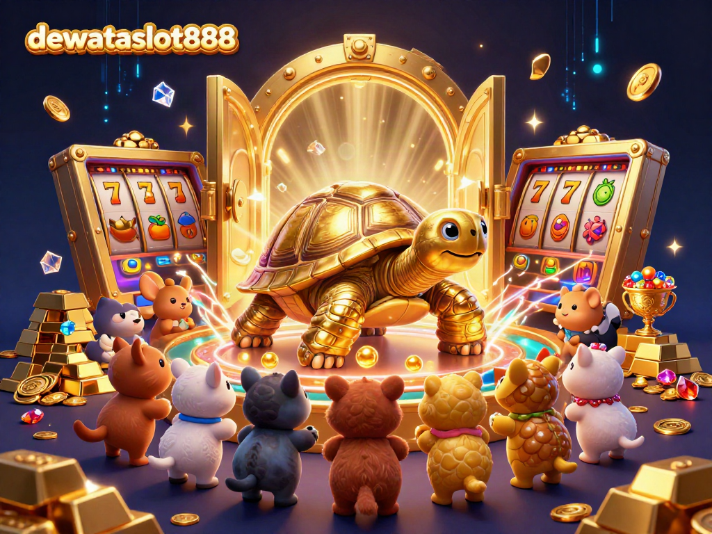 Permainan slot menarik di dewataslot888 dengan karakter kura-kura emas dan harta karun berkilau.