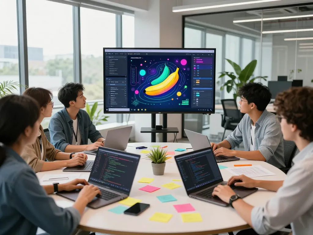 Dynamic team collaboration in a modern workspace utilizing nano banana pro for advanced AI image editing