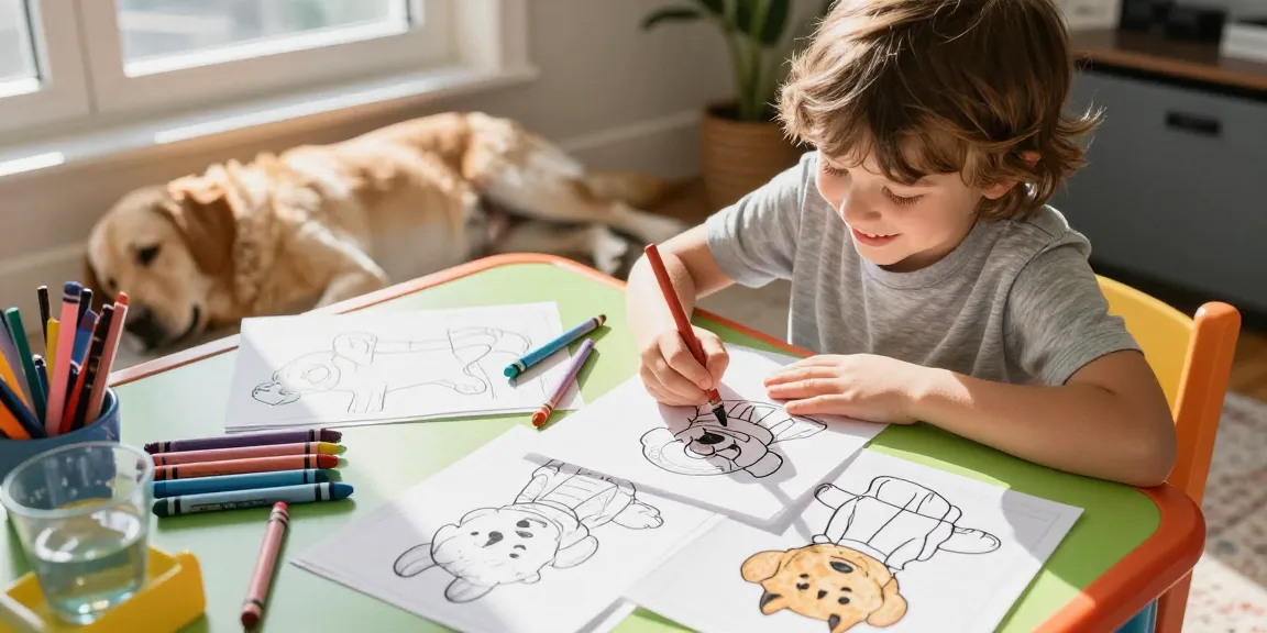 Engaging educational coloring activity featuring a child coloring a happy Labrador Retriever.