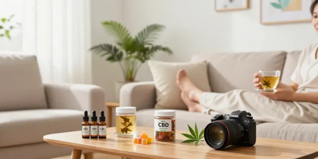 Relaxing home scene with CBD products displayed, illustrating benefits of CBD kaufen for wellness.
