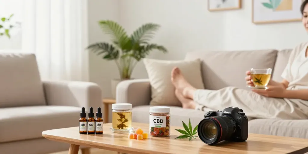 Relaxing home scene with CBD products displayed, illustrating benefits of CBD kaufen for wellness.