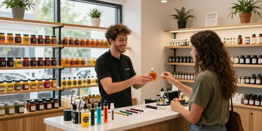 Buy live resin Canada from a vibrant urban dispensary with colorful products on display.