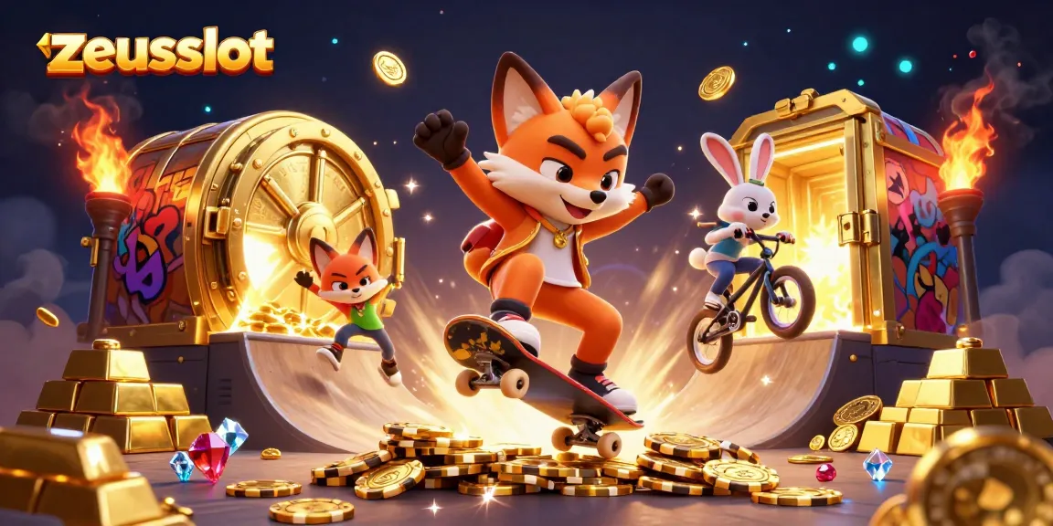 Experience thrilling zeusslot action with cartoon characters amidst wealth and casino symbols in a dazzling illustration.