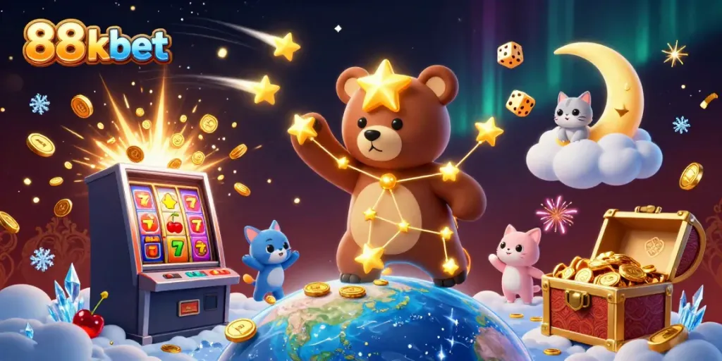 Experience the thrill of 88 kbet where fortune awaits with a constellation bear and vibrant casino elements.