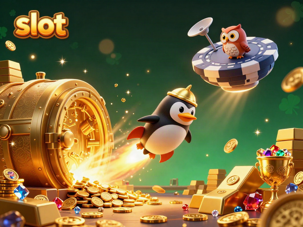 Experience thrilling slot adventures with a golden penguin in a vibrant 3D casino world.