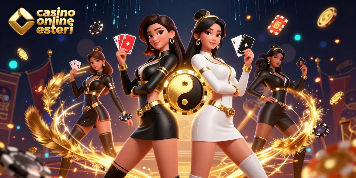 Interagisci con giochi di alto livello nei casino online esteri con giocatori di carte asiatici gemelli e vivaci elementi da casinò.