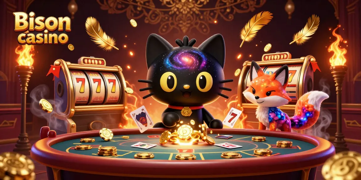 Bison casino játékélmény, színes 3D képzeletbeli karakterekkel, aranyérmékkel körülvéve.