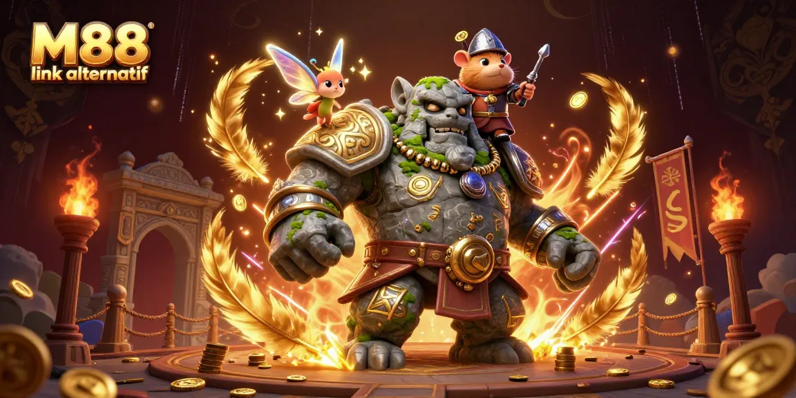 Experience M88 link alternatif with a vibrant 3D scene showcasing a stone golem and magical companions!
