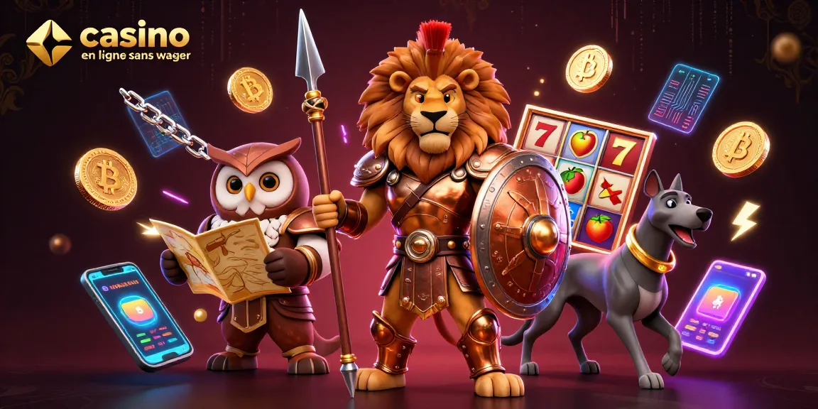 Jouez à casino en ligne sans wager avec un lion en armure et des symboles de jackpot animés.