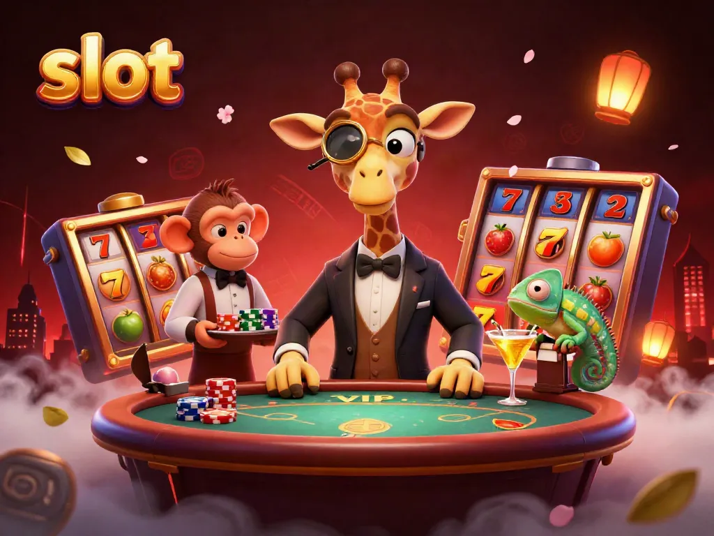 Engaging scene of giraffe in a suit at a casino slot table, surrounded by vibrant gameplay elements and a lively atmosphere.