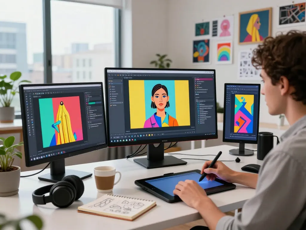 Digital artist using Nano Banana 2 AI image editing tool in an innovative creative workspace with colorful artwork.