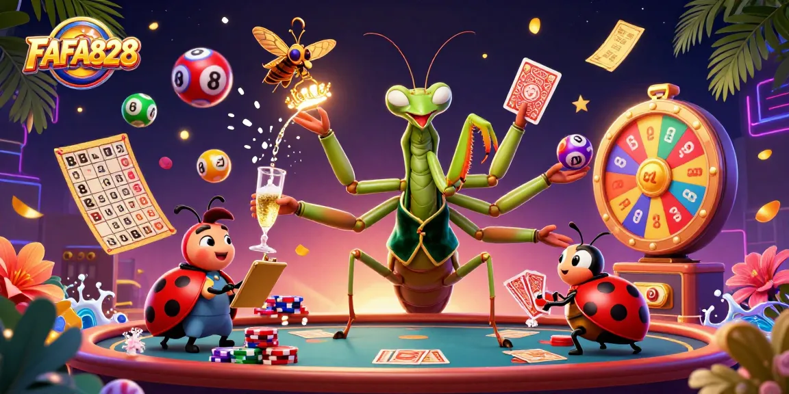 FAFA828 showcases an engaging casino scene with a giant mantis and ladybug, cards, and lottery balls.