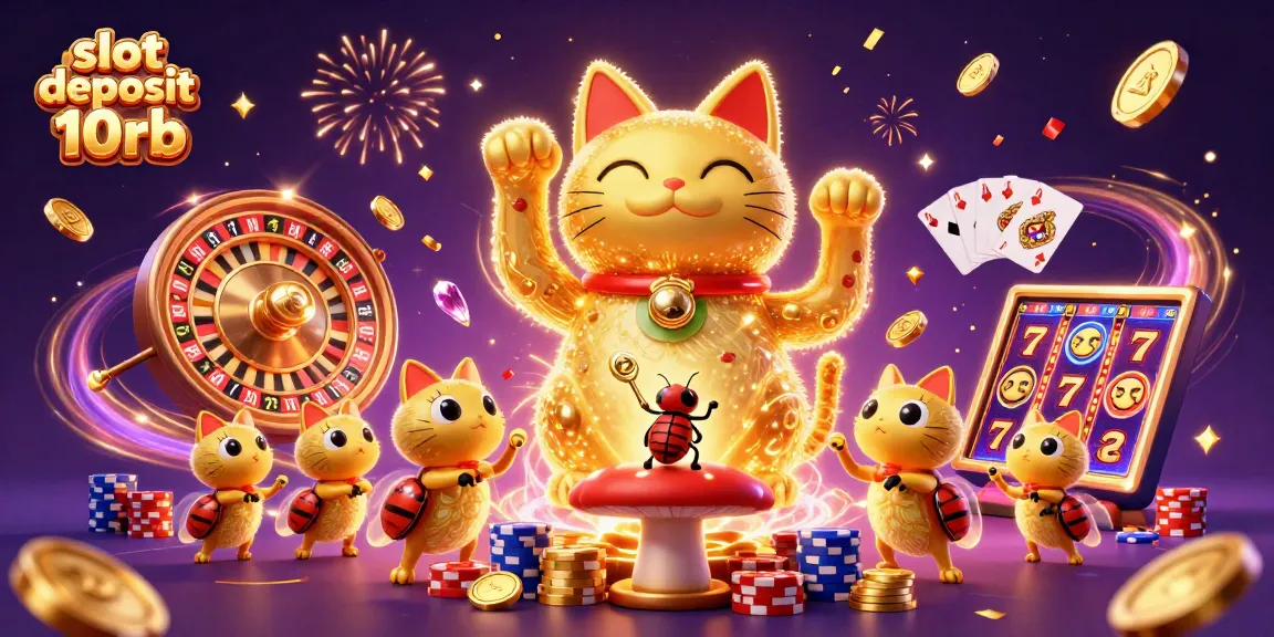 Engage with the energetic scene of slot deposit 10rb featuring a lucky cat and casino symbols.