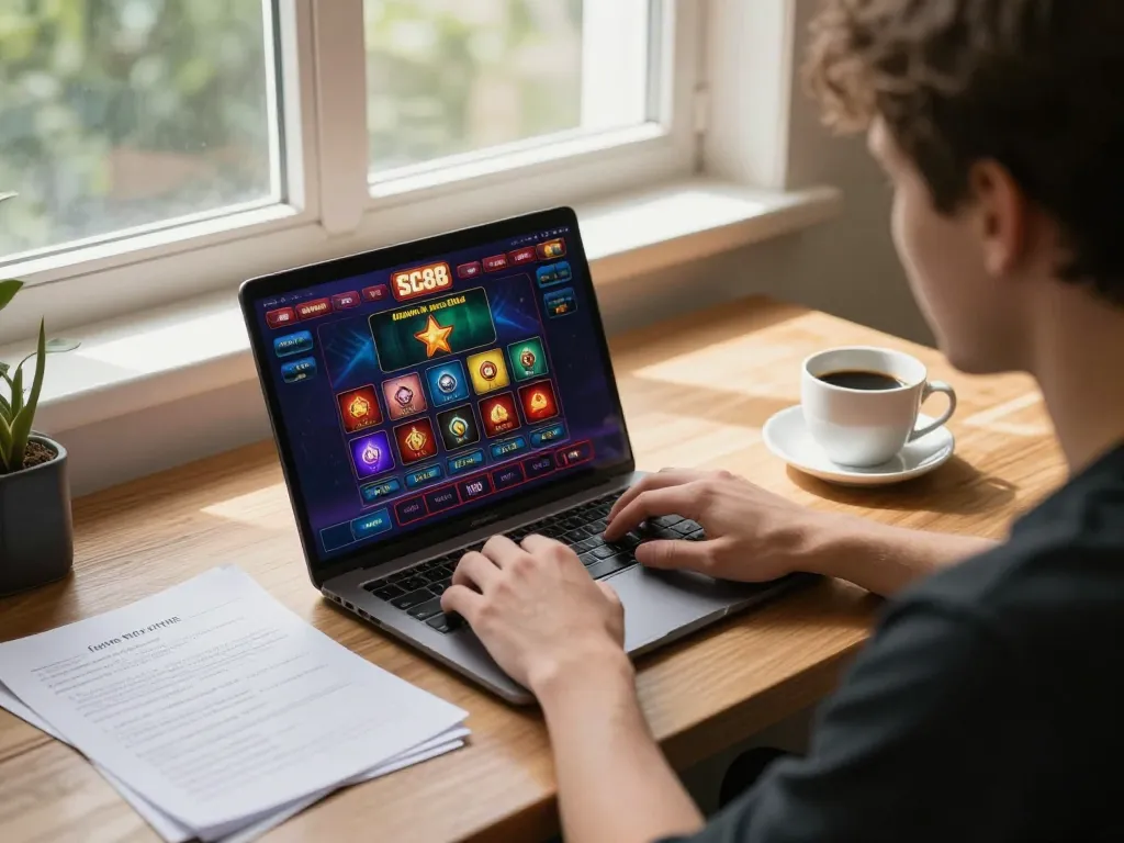 Player engaging in SC88 online casino gaming, showcasing interface and strategy notes in a cozy home setting.
