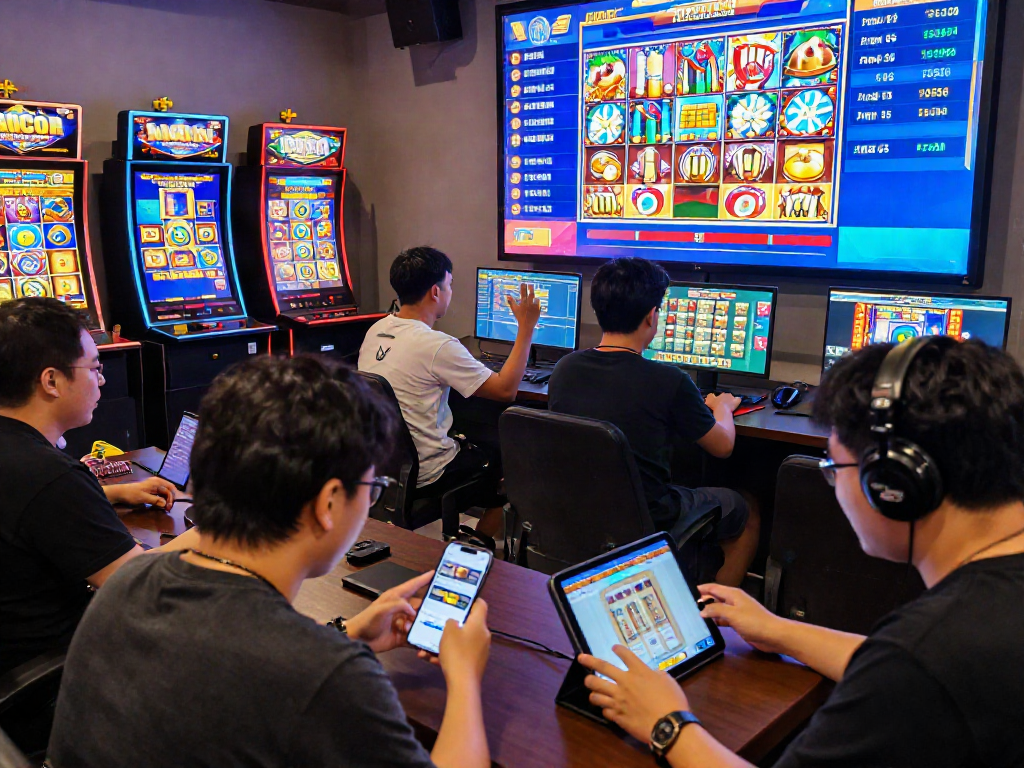 Pemain menikmati permainan slot gacor secara online di lounge dengan suasana ceria.