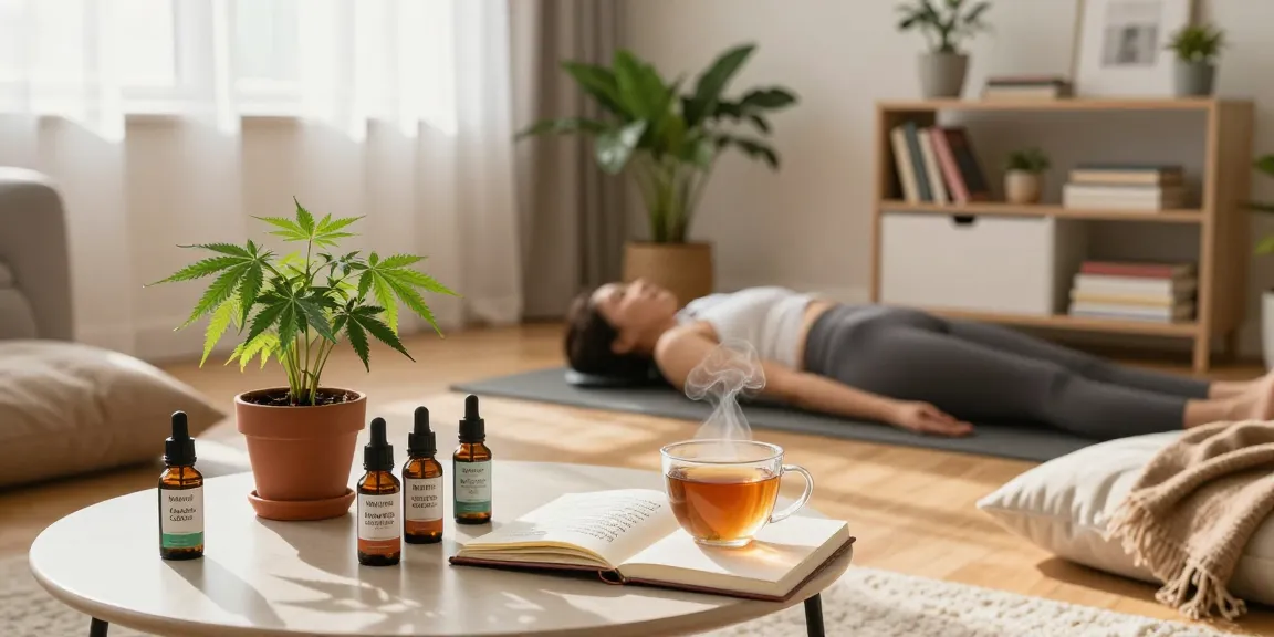 Ministry of Cannabis premium CBD oils showcased in a relaxing wellness setting with yoga and herbal tea.