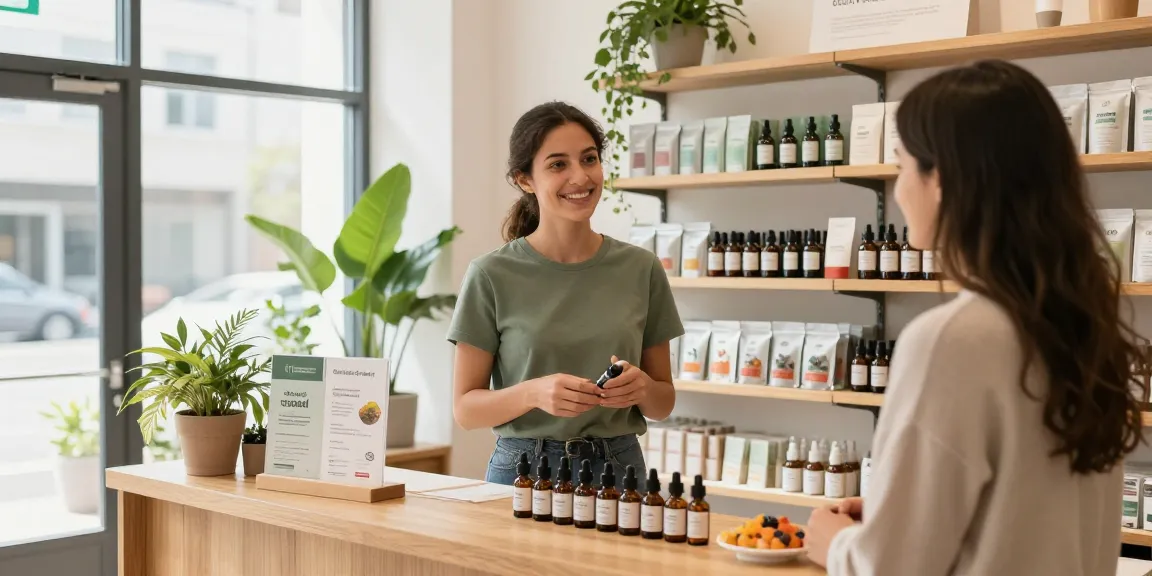 Engaging shop scene showcasing organic CBD oil in Canada with staff assisting a customer amidst bright, natural light.