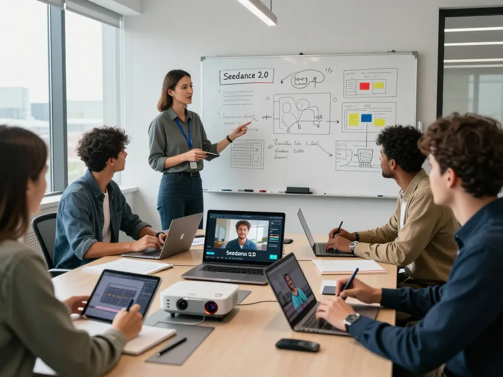 Seedance 2.0 in action with a creative team brainstorming video projects in a modern office setting, showcasing innovative collaboration.