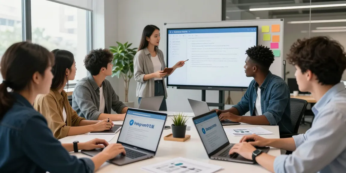Collaborative tech professionals discussing telegram中文版 software in a modern office.