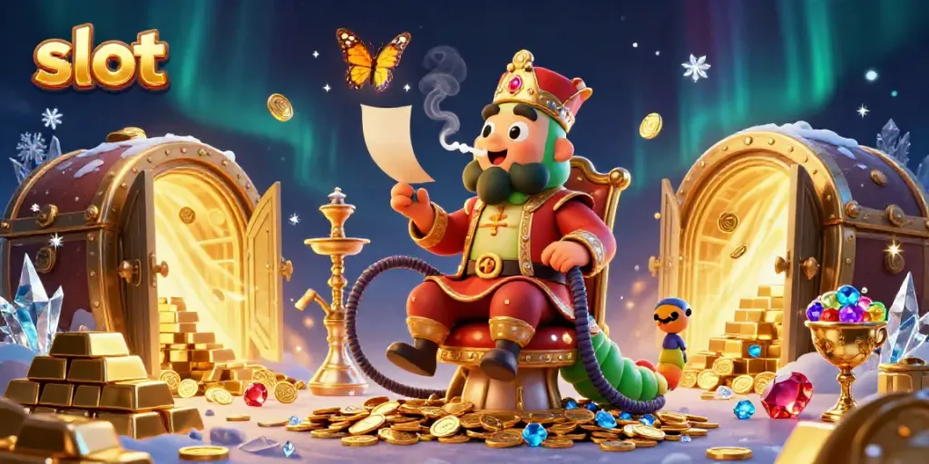Engage in thrilling slot gameplay amidst a magical 3D casino scene filled with dazzling treasures.