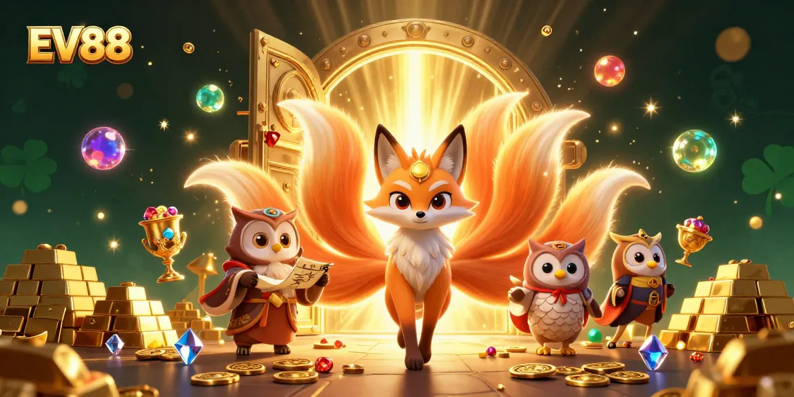 Win big at EV88 with a vibrant scene featuring a glowing nine-tailed fox and treasures galore.