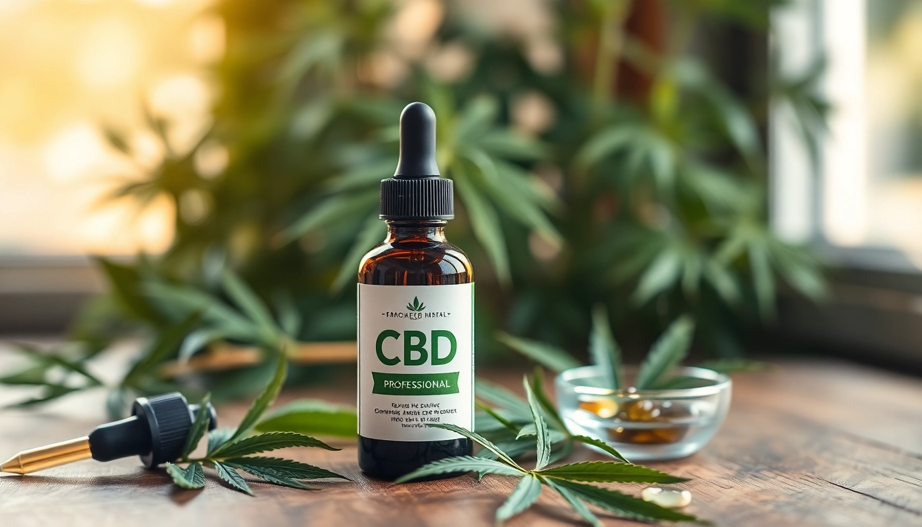 Showcase CBD Oil bottle and hemp leaves resting on wooden table, highlighting natural wellness.