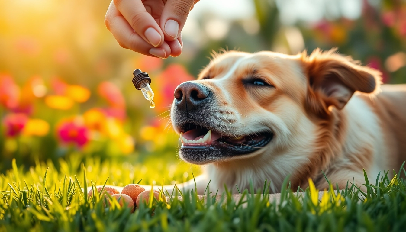 Provide soothing CBD For Pet oil to enhance wellness and relaxation for dogs in a sunny garden.