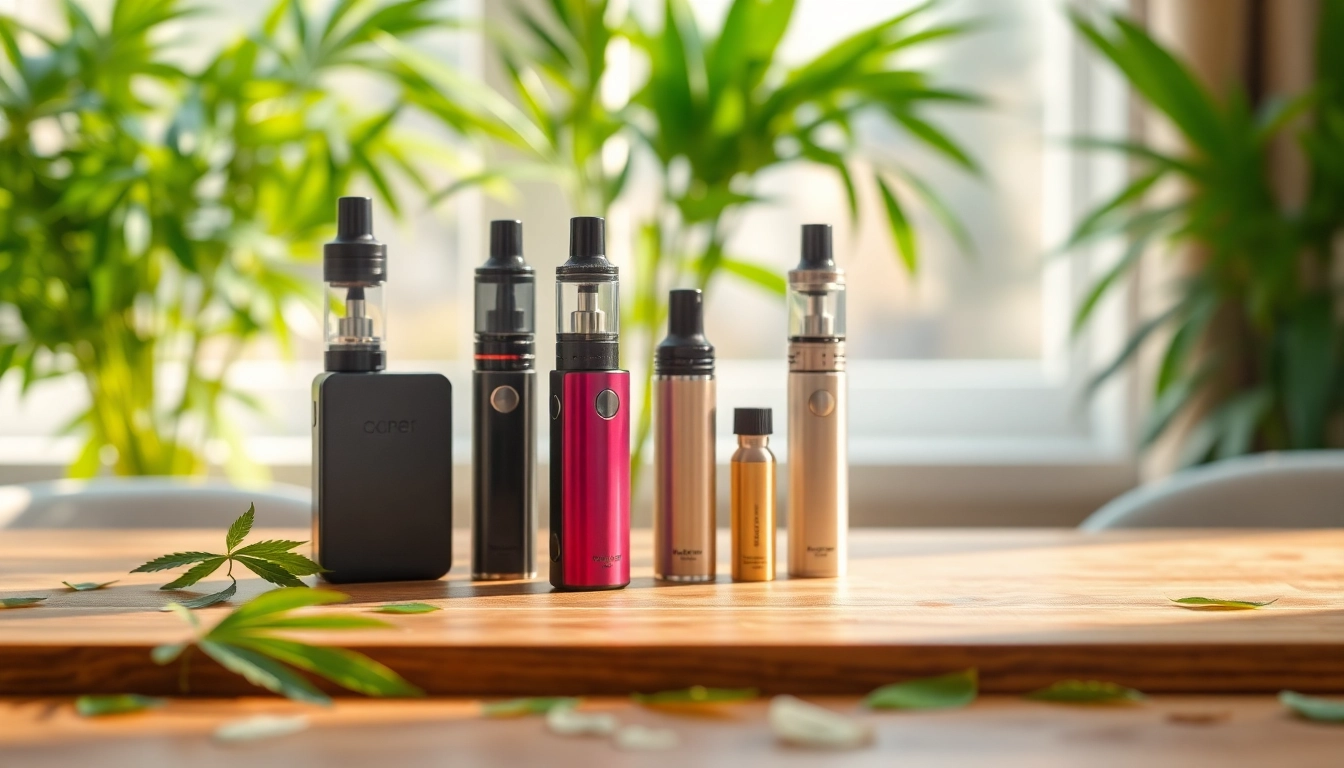 Cannabis Vape products arranged aesthetically on a wooden surface surrounded by greenery.