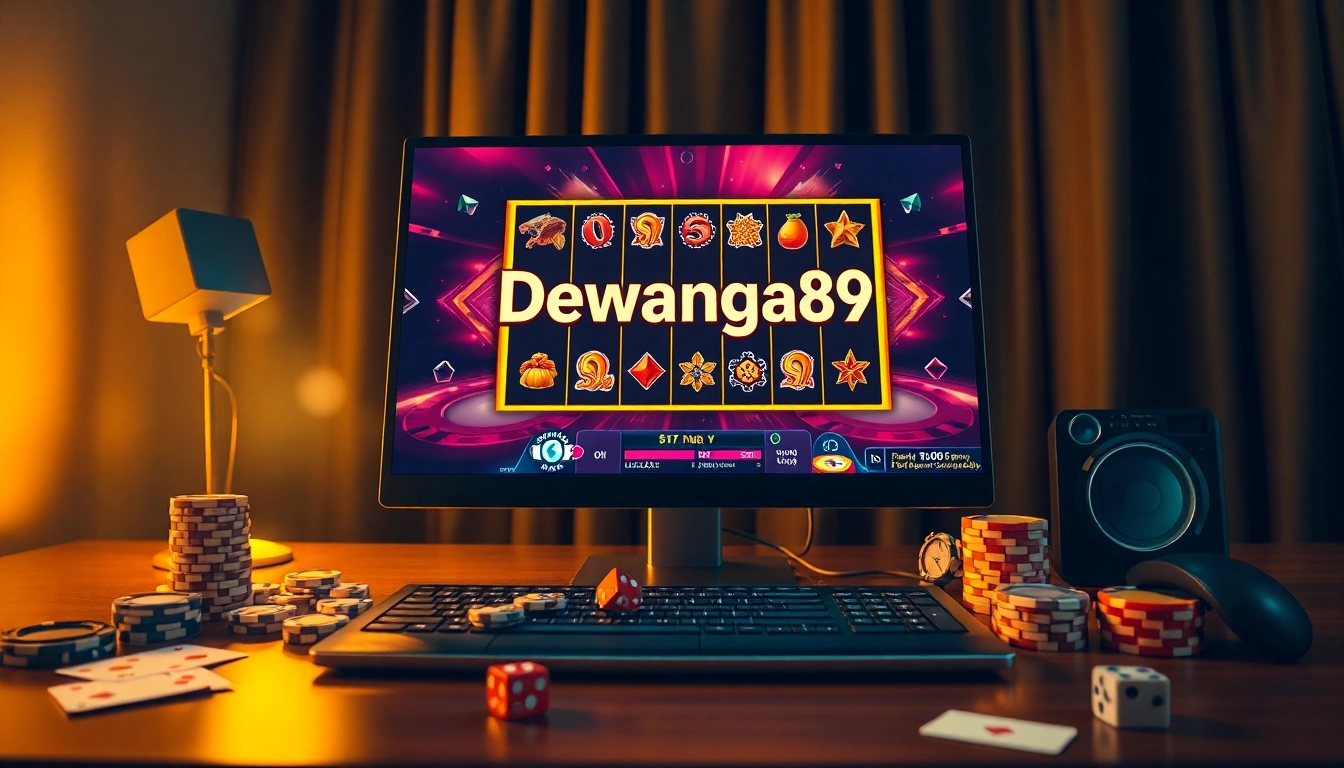 Antarmuka login slot Dewanaga89 yang menampilkan semangat permainan online yang hidup dengan chip poker dan dadu.