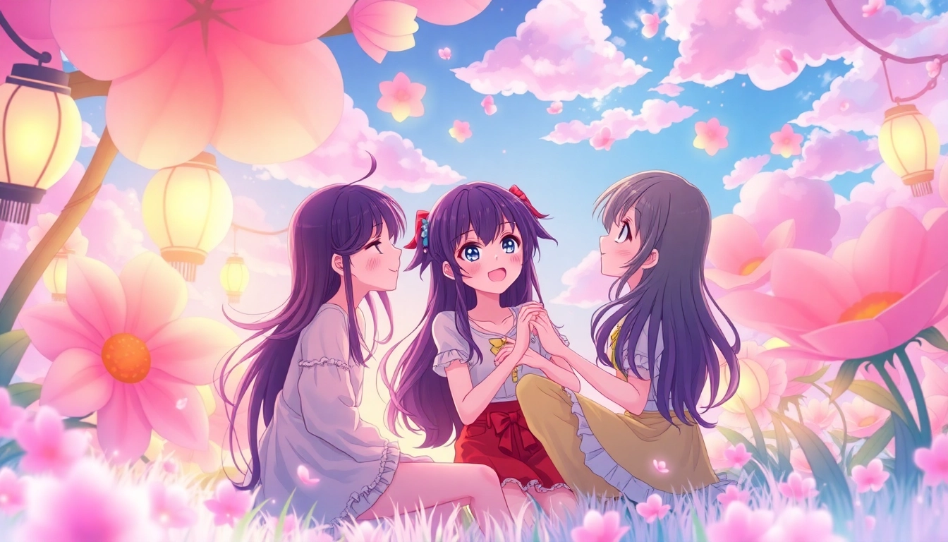 Anime sex scene showcasing vibrant characters in a whimsical landscape