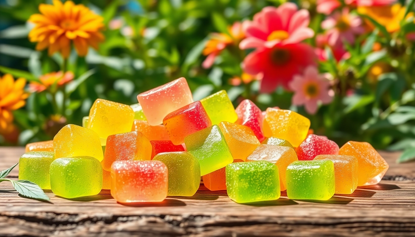 Indulge in colorful Weed Gummies displayed in a vibrant natural setting.