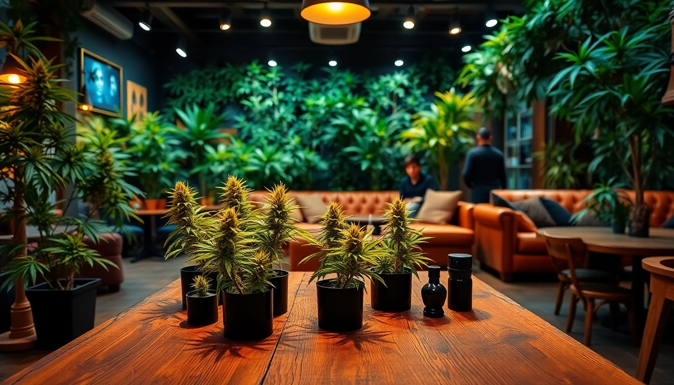 Experience the unique vibe of cannabis club madrid with a welcoming lounge setup and vibrant greenery.