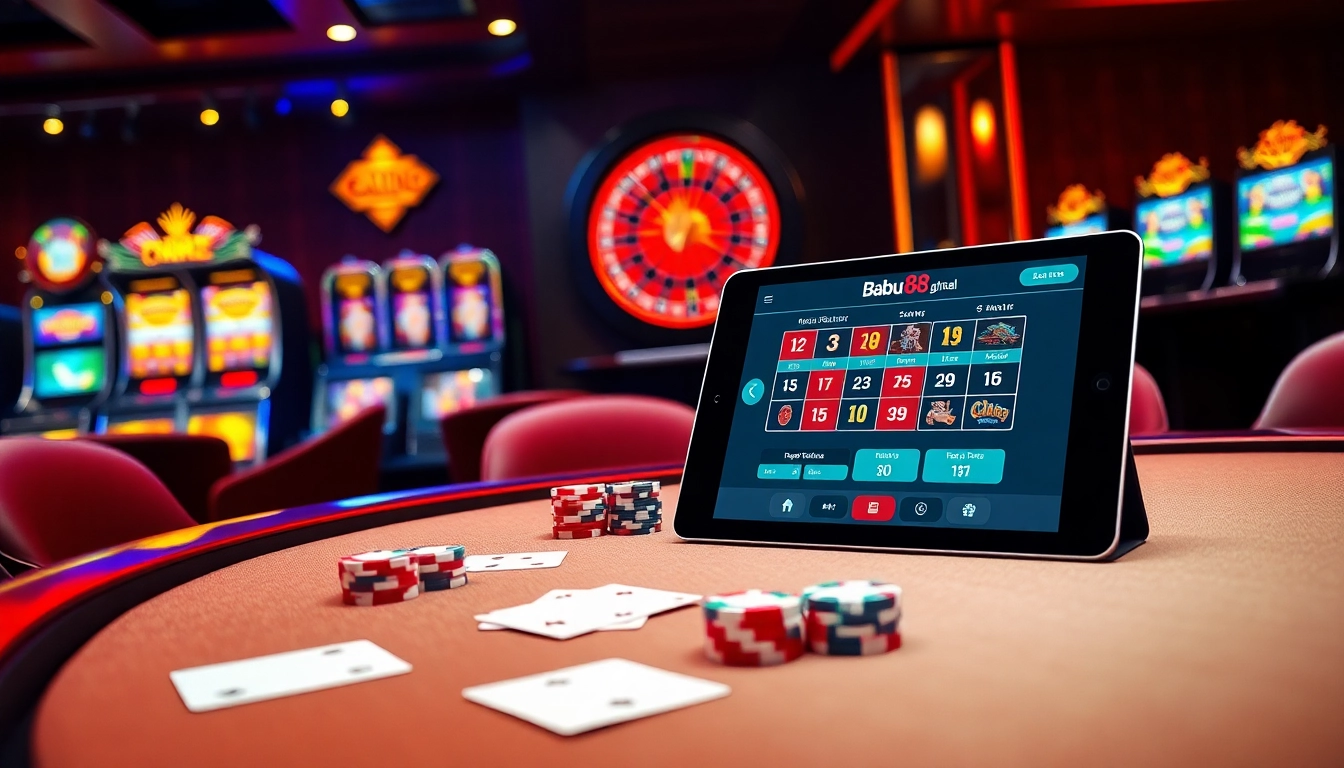 Experience the thrilling atmosphere of Babu88.global with vibrant casino tables, poker chips, and a roulette wheel.