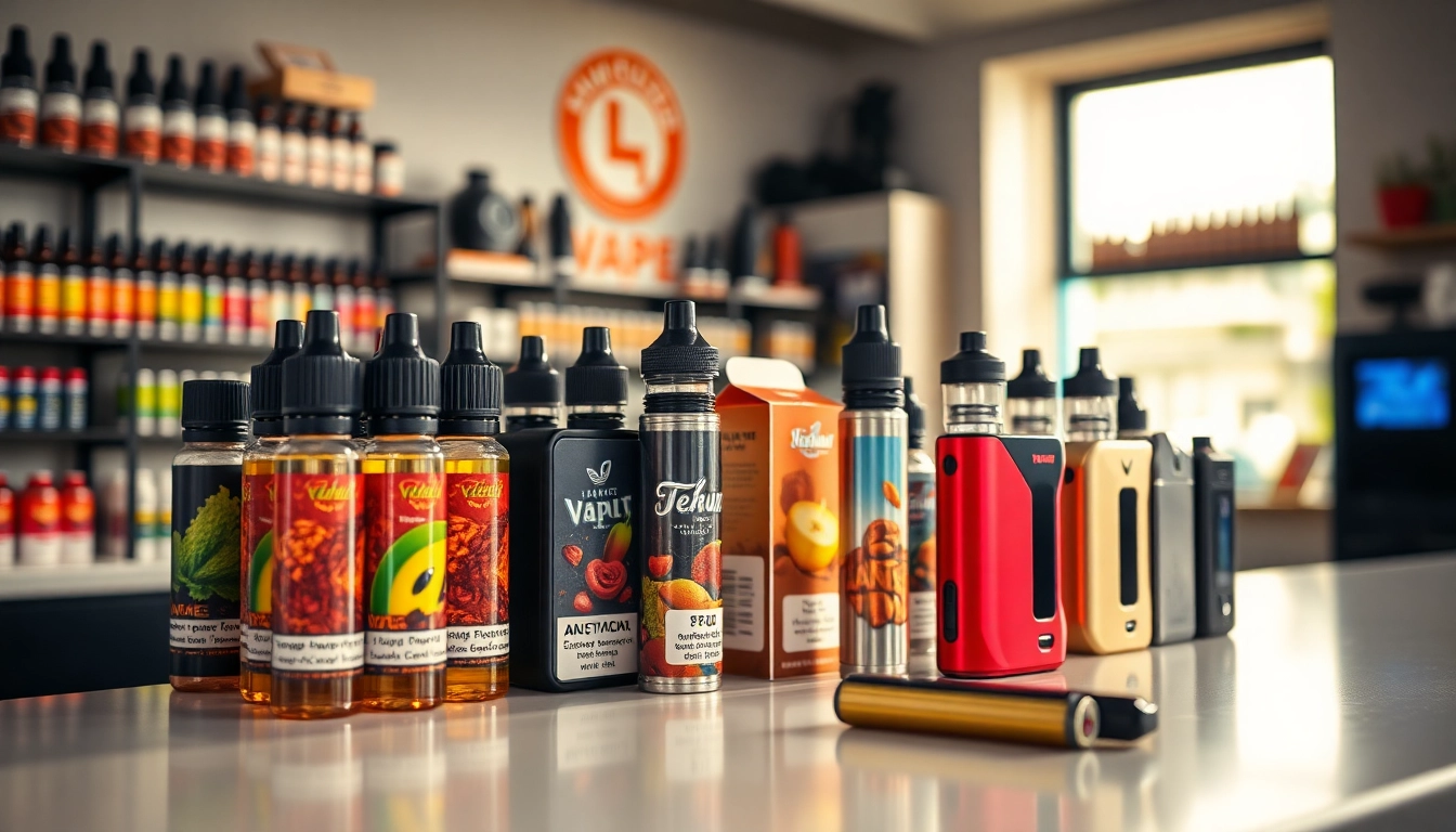 Showcasing a variety of Vape & E-Liquids in a stylish vape shop setup.